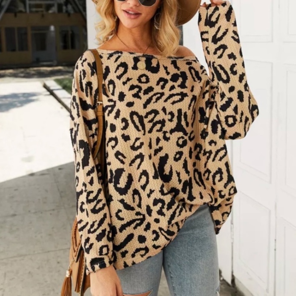 SOLD OUT CLEARANCE Beige Leopard Waffle Off Shoulder Long Sleeve Top - Picture 2 of 5